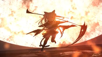 1girl animal_ears bow cat_ears demon fantasy halloween highres holding holding_scythe holding_weapon landscape long_hair miniskirt moon original red_bow rune_xiao scenery scythe signature skirt thighhighs weapon