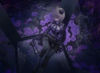 1girl absurdres artycharmy black_flower black_pantyhose black_petals black_rose black_skirt blue_eyes breasts broken_mirror chaos_zero_nightmare flower frills gun hair_flower hair_ornament highres long_sleeves medium_breasts mirror pantyhose petals reflection renoa_(chaos_zero_nightmare) rose shirt short_hair sitting skirt solo weapon white_hair white_shirt