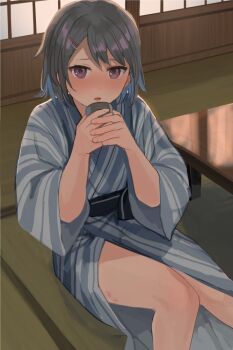 1boy androgynous architecture black_sash blue_hair blue_robe blush chabudai colored_inner_hair commentary_request cup dot_nose drinking_glass east_asian_architecture feet_out_of_frame grey_hair hair_ornament hairclip hands_up holding holding_cup knees_together_feet_apart long_sleeves looking_at_viewer looking_up male_focus multicolored_hair on_floor open_mouth original own_hands_together parallel_hairclips partial_commentary purple_eyes robe sash short_hair sitting solo sunaba_(nczd5875) table trap wide_sleeves