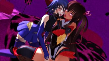 2girls 3d artist_request bed bedroom blue_hair blush bodysuit breasts brown_hair crossover dark-skinned_female dark_skin fingerless_gloves gloves hair_ribbon highleg highleg_leotard incoming_kiss kagano_ai leotard looking_at_viewer mahou_shoujo_ai medium_breasts mizuki_yukikaze multiple_girls one-piece_tan pink_eyes red_eyes ribbon skirt small_breasts taimanin_(series) taimanin_suit taimanin_yukikaze tan tanline twintails yuri