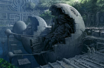 2others abandoned alien ambiguous_gender commentary commentary_request day english_commentary forest highres machinery mixed-language_commentary multiple_others nature noba original outdoors overgrown scenery science_fiction spacesuit wide_shot
