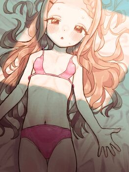 1girl aoba_kokona bed bikini breasts brown_hair eisu_(eith) forehead hair_ornament hairclip highres loli long_hair lying navel on_back on_bed pink_bikini small_breasts sweat swimsuit thigh_gap yama_no_susume