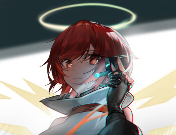 1girl absurdres adjusting_headset arknights black_gloves chinese_commentary closed_mouth commentary_request detached_wings earpiece energy_wings expressionless exusiai_(arknights) exusiai_(midnight_delivery)_(arknights) fingerless_gloves gloves halo headset highres looking_at_viewer official_alternate_costume red_eyes red_hair short_hair solo traditional_halo upper_body wings yellow_halo ztianyoshino