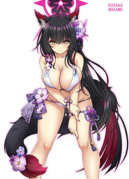 absurdres animal_ear_fluff animal_ears bead_bracelet beads bikini black_hair blue_archive bracelet breasts cleavage colored_inner_hair commentary_request eyeshadow flower fox_ears fox_girl fox_tail hair_flower hair_ornament halo highres jewelry large_breasts leaning_forward long_hair looking_at_viewer makeup multicolored_hair official_alternate_costume red_eyeshadow red_halo smile sogegin string_bikini swimsuit tail tail_flower tail_ornament wakamo_(blue_archive) wakamo_(swimsuit)_(blue_archive) white_background white_bikini yellow_eyes