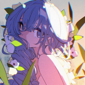 1girl blue_eyes blue_hair chromatic_aberration covered_mouth eyelashes film_grain flower hair_between_eyes highres leaf long_hair looking_at_viewer mikkameno_yoru original single_bare_shoulder solo square upper_body white_flower