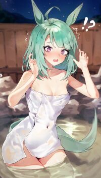!? 1girl @_@ ahoge animal_ears arms_up blue_hair blush breasts cleavage covered_navel cowboy_shot highres horse_ears horse_girl horse_tail leste_(humansequencer) looking_at_viewer medium_hair naked_towel night onsen open_mouth outdoors purple_eyes revision rock solo standing sugar_lights_(umamusume) tail teeth towel umamusume upper_teeth_only water