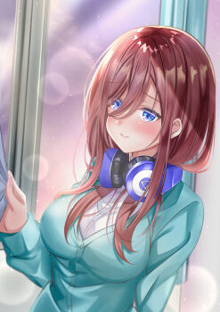 1girl absurdres blue_cardigan blue_eyes blush breasts brown_hair cardigan closed_mouth curtains go-toubun_no_hanayome hair_between_eyes hanakuma_mano headphones headphones_around_neck highres indoors large_breasts long_hair long_hair_between_eyes long_sleeves looking_ahead nakano_miku night night_sky school_uniform shirt sky solo upper_body white_shirt window
