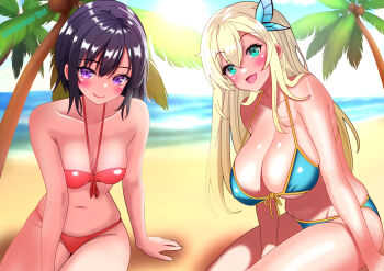 2girls beach bikini black_hair blonde_hair blue_bikini blue_eyes blue_sky boku_wa_tomodachi_ga_sukunai breasts butterfly_hair_ornament cloud day fang front-tie_bikini_top front-tie_top hair_ornament halterneck highres horizon kashiwazaki_sena large_breasts long_hair mikazuki_yozora multiple_girls ocean outdoors purple_eyes short_hair sitting skin_fang sky small_breasts stoneriver_ilst swimsuit