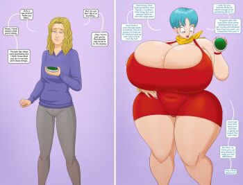1girl ass_expansion bare_legs biting_own_lip blonde_hair blue_eyes blue_hair bracelet breast_expansion breasts bulma cleavage curvy dragon_radar dragonball_z earrings female_focus gigantic_breasts hand_on_own_hip highres jewelry looking_down matching_hair/eyes nail_polish saturnxart scarf short_hair simple_background solo speech_bubble thick_thighs thighs transformation wide_hips