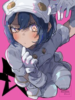 1girl aether_foundation_employee aether_foundation_uniform black_hair blush breasts dark-skinned_female dark_skin gloves hat highres jumpsuit looking_at_viewer newsboy_cap nintendo overalls pokemon pokemon_sm short_hair short_jumpsuit short_sleeves solo turtleneck_jumpsuit ume_(ume_445) white_gloves white_hat white_jumpsuit white_overalls