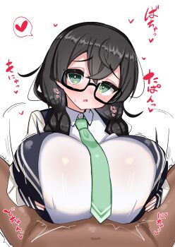 1boy 1girl black-framed_eyewear black-framed_glasses black_hair blue_jacket braid breasts cevio clothed_paizuri collared_shirt dark-skinned_male dark_skin glasses green_eyes green_necktie hanakuma_chifuyu heart hetero highres huge_breasts interracial jacket looking_at_viewer motion_lines navel necktie open_mouth paizuri paizuri_under_clothes pov semi-rimless_eyewear shirt simple_background sintaro_okabe square_glasses synthesizer_v twin_braids white_background white_shirt