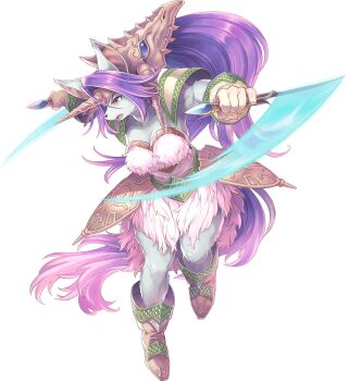 1girl boots breasts cleavage dual_wielding fake_horns full_body furry furry_female gloves haccan highres holding holding_knife horns knife large_breasts legend_of_mana long_hair non-web_source official_art open_mouth outstretched_arms purple_hair seiken_densetsu sierra_(lom) single_horn solo spread_arms tail transparent_background very_long_hair weapon