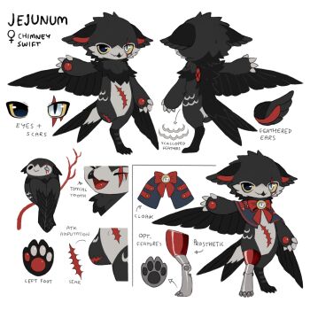 1girl amputee animal animal_ears beak bird black_beak black_eyes black_feathers black_fur black_tail black_wings blue_cloak bow chibi claws cloak closed_mouth feathers furry furry_female grey_feathers grey_fur griffin_girl heterochromia highres jejejunum jejenum_(jejejunum) missing_limb multicolored_feathers multicolored_fur open_mouth original pawpads prosthesis prosthetic_leg red_bow reference_sheet scar scar_across_eye scar_on_face scar_on_leg scar_on_stomach smile standing white_background white_eyes wings