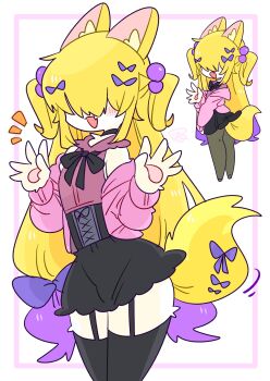1boy :o animal_ear_fluff animal_ears bare_shoulders beads black_choker black_corset black_pantyhose black_ribbon black_skirt black_thighhighs blonde_hair blush body_fur bow bulge cardigan chest_tuft choker collared_shirt colored_tips commentary corset covered_eyes cowboy_shot crossdressing crossdressing_(mtf) fang fox_boy fox_ears fox_tail frilled_shirt_collar frills from_behind full_body furrification furry furry_male garter_straps hair_beads hair_between_eyes hair_bow hair_ornament hair_over_eyes hand_up hands_up highres jirai_kei kapela_(op_na_yarou) light_blush long_hair long_sleeves looking_back male_focus miniskirt multicolored_hair multiple_hair_bows multiple_views neck_ribbon no_nose off_shoulder op_na_yarou open_cardigan open_clothes open_mouth original pantyhose pink_cardigan pink_shirt purple_bow purple_hair ribbon shirt sidelocks simple_background skin_fang skirt sleeveless sleeveless_shirt standing tail tail_bow tail_ornament thighhighs thighs trap two-tone_hair two_side_up very_long_hair watermark white_background yellow_tail