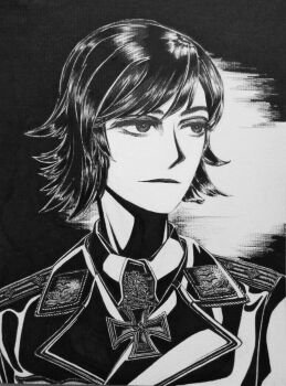 1girl black_jacket bob_cut bordfunker133 closed_mouth collar_tabs cross dress_shirt expressionless genderswap genderswap_(mtf) greyscale hans-joachim_marseille highres iron_cross jacket looking_to_the_side luftwaffe marseille-chan_(bordfunker133) medium_hair military monochrome narrowed_eyes nazi original photo_(medium) portrait real_life shirt shoulder_boards simple_background soldier solo swastika upper_body world_war_ii