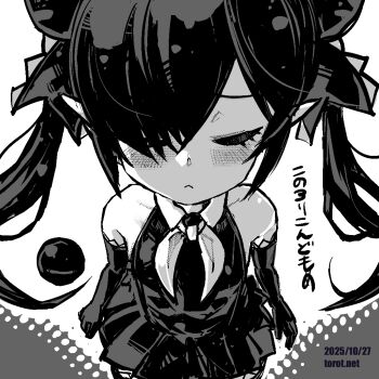 1girl :&lt; backbeako_(torotei) backbeard bare_shoulders blush breasts closed_eyes closed_mouth commentary dated dated_commentary dress elbow_gloves facing_viewer gegege_no_kitarou gloves greyscale hair_over_one_eye hair_ribbon kono_lolicon_domome long_hair monochrome neckerchief original paid_reward_available pointy_ears ribbon simple_background sleeveless sleeveless_dress small_breasts solo torotei translated twintails upper_body very_long_hair watermark web_address white_background
