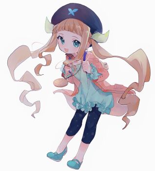 1girl absurdres backpack bag beret black_hat blue_dress blue_eyes blue_shoes blunt_bangs blush brown_hair dress elle_mel_marta frilled_dress frilled_sleeves frills hat highres jacket jewelry leaning_forward long_hair mary_janes nancykittyu necklace pink_jacket print_leggings shoes simple_background smile solo tales_of_(series) tales_of_xillia tales_of_xillia_2 twintails white_background