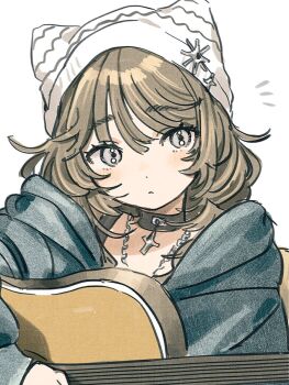 1girl acoustic_guitar animal_hat black_choker blush brown_hair choker closed_mouth commentary green_hoodie grey_eyes guitar hair_between_eyes hat highres holding holding_guitar holding_instrument hood hood_down hoodie indie_virtual_youtuber instrument jewelry long_hair long_sleeves necklace notice_lines shibata_komugi simple_background solo symbol-only_commentary takaya_riku upper_body virtual_youtuber white_background white_hat