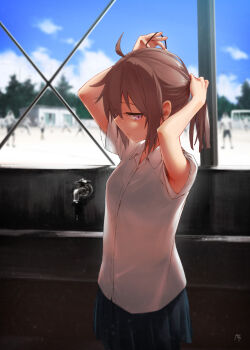 1girl ahoge black_skirt blue_sky brown_hair closed_mouth collared_shirt commentary_request day dress_shirt girls&#039;_frontline gou_(double_trigger) hair_elastic highres m200_(girls&#039;_frontline) pleated_skirt ponytail purple_eyes shirt short_sleeves skirt sky solo_focus sweat tying_hair white_shirt