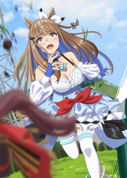 +_+ 1girl absurdres aimi_(tikichin0229) almond_eye_(umamusume) animal_ears blue_eyes blue_gloves blush bow_hairband braid braided_sidelocks breasts brown_hair cleavage colored_inner_hair gloves gran_alegria_(smile_my_way!)_(umamusume) gran_alegria_(umamusume) hair_between_eyes hair_ornament hairband hairclip highres horse_ears horse_girl horse_tail long_hair medium_breasts multicolored_hair racing red_button running symbol-shaped_pupils tail too_many_hair_ornaments umamusume white_hairband x-shaped_pupils