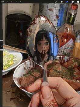 blood blood_from_mouth blood_on_face bowl bug cockroach fingernails food guro highres holding holding_spoon horror_(theme) huli_xiaobai insect maggot original pov pov_reflection procreate_(medium) procreate_(software) spoon