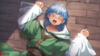 Rule 34 | 1boy, @ @, atelier-moo, blue hair, blush, bob cut, brown sash, christpher cross, collarbone, drunk, eyewear on head, floor, from above, glasses, green robe, hair between eyes, hands up, hood, hood down, hooded robe, indoors, long sleeves, lying, official art, on back, open hand, open mouth, oversized clothes, robe, round eyewear, second-party source, short hair, solo, unconscious, upper body, wide sleeves, wooden floor, yuukyuu gensoukyoku, yuukyuu gensoukyoku revival