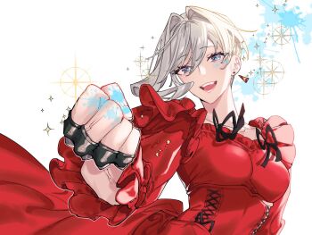1girl black_gloves blue_eyes dress earrings fingerless_gloves gloves grey_hair jewelry looking_at_viewer meumiharagane red_dress saigo_ni_hitotsu_dake_onegai_shite_mo_yoroshii_deshou_ka scarlet_el_vandimion simple_background smile solo white_background