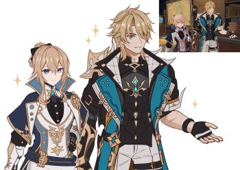 1boy 1girl blue_capelet capelet collared_coat cross_scar facial_scar game_screenshot_inset gauntlets genshin_impact high-waist_shorts highres holding_own_wrist jean_(genshin_impact) jean_(gunnhildr&#039;s_legacy)_(genshin_impact) metal_gloves mon-chan multicolored_capelet multiple_scars pants scar scar_on_arm scar_on_cheek scar_on_face shorts varka_(genshin_impact) white_pants