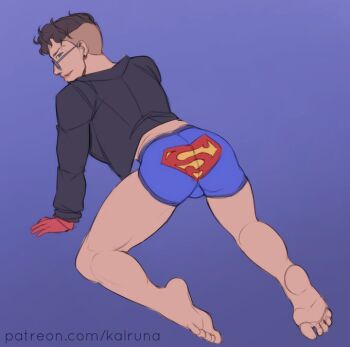 1boy all_fours ass barefoot black_hair boxers dc_comics jacket kalruna male_underwear sunglasses superboy underwear