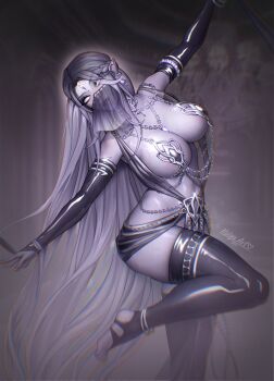 1girl anklet artist_name bare_shoulders black_thighhighs blurry blurry_background bracelet braid breasts bridal_gauntlets bridal_legwear chain colored_skin dancer dancing dark_elf ear_piercing earrings elf gloves grey_eyes grey_hair harem_outfit highres jewelry kolga_art large_breasts leg_up long_hair looking_at_viewer mouth_veil navel necklace parted_lips pasties piercing pointy_ears purple_skin revealing_clothes see-through_clothes solo standing standing_on_one_leg stirrup_legwear thighhighs toeless_legwear veil very_long_hair white_eyes