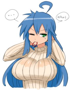 ... 1girl adjusting_hair aged_up ahoge alternate_breast_size_(larger) alternate_costume arms_up bad_id bad_twitter_id blue_hair bra bra_visible_through_clothes breasts english_text green_eyes hair_tie izumi_konata large_breasts long_hair long_sleeves lucky_star minuspal mole mole_under_eye mouth_hold one_eye_closed ribbed_sweater see-through_clothes simple_background solo speech_bubble spoken_ellipsis sweater underwear upper_body white_background white_bra