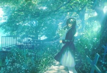 1girl absurdres bench black_hair black_shirt black_skirt bouquet commentary_request cross dappled_sunlight feet_out_of_frame fence flower from_side grass green_theme highres holding holding_bouquet iron_fence lantern2015 long_hair long_sleeves looking_at_viewer looking_to_the_side open_mouth original outdoors path pleated_skirt road scenery school_uniform shirt skirt solo standing sunlight tree turning_head white_flower