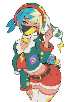 1girl absurdres alternate_costume bell black_hair blonde_hair blue_eyes blue_hair breasts canari_(pokemon) dark-skinned_female dark_skin gonzarez hat highres large_breasts looking_at_viewer midriff nintendo pokemon pokemon_legends:_z-a red_shorts short_twintails shorts solo stuffed_toy thighhighs twintails unfinished white_thighhighs yellow_nails