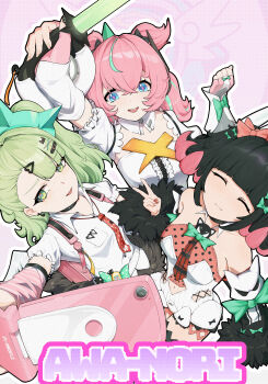 3girls absurdres aria_(zenless_zone_zero) arm_up asymmetrical_bangs awa_nori bare_shoulders black_hair blue_eyes blue_pupils blunt_bangs breasts chinese_commentary closed_eyes collared_shirt commentary_request detached_collar detached_sleeves english_text frills green_eyes green_hair hair_between_eyes hair_ornament hairclip highres holding holding_phone jewelry long_hair looking_at_viewer multicolored_hair multiple_girls nail_polish nangong_yu navel necktie open_mouth phone pink_hair pink_nails pink_pupils selfie shirt short_sleeves skirt small_breasts smile star_(symbol) streaked_hair sunna_(zenless_zone_zero) twintails v white_shirt zenless_zone_zero