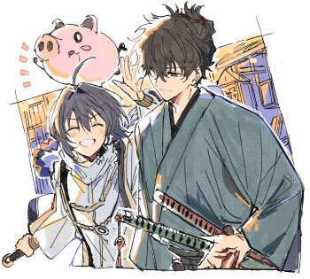 1boy 1other ahoge amulet androgynous black_hair bracelet closed_eyes command_spell fate/samurai_remnant fate_(series) green_kimono grin hair_intakes highres holding holding_sword holding_weapon jade_(gemstone) japanese_clothes jewelry katana kimono looking_at_another miyamoto_iori_(fate) necklace other_with_male pig sheath sheathed sidelocks smile sword sword_on_back topknot toramaru_(696anna) weapon weapon_on_back yamato_takeru_(fate)