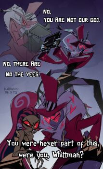 1girl 2boys absurdres black_dress coat colored_skin dark-skinned_female dark_skin demon_boy demon_girl dreadlocks dress extra_arms hat hazbin_hotel heart heart-shaped_eyewear hellaverse highres karissnya long_hair multiple_boys open_clothes open_coat purple_skin short_dress valentino_(hazbin_hotel) velvette_(hazbin_hotel) vox_(hazbin_hotel)