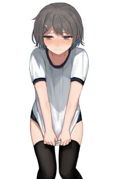 1boy black_thighhighs blue_buruma blue_hair blush buruma closed_mouth clothes_lift collarbone colored_inner_hair commentary_request covering_privates cowboy_shot crew_neck crossdressing crossdressing_(mtf) dot_nose grey_hair gym_shirt gym_uniform hair_ornament hairclip knees_together_feet_apart looking_down looking_to_the_side male_focus multicolored_hair nervous nose_blush original partial_commentary pulling_own_clothes purple_eyes shirt shirt_lift short_hair short_sleeves simple_background solo sunaba_(nczd5875) thighhighs thighs trap two-tone_hair white_background white_shirt white_sleeves