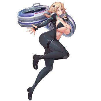 1girl ass belt bikini black_boots black_bra blonde_hair blush bodysuit boots bra breasts bursting_breasts chain chain_necklace choker cleavage collarbone english_text facial_mark fingerless_gloves full-length_zipper full_body game_cg gloves green_choker grin groin groin_tendon hair_between_eyes heart heart_necklace highres huge_breasts jetpack jewelry last_origin leotard linea_alba long_hair looking_at_viewer machinery midriff navel necklace official_art one_eye_closed open_clothes open_leotard partially_unzipped ponytail propeller purple_eyes raven_(last_origin) shiny_skin short_ponytail sima_(startwitch) skindentation smile solo star_(symbol) star_facial_mark string_bra swimsuit tachi-e thick_thighs thigh_strap thighs transparent_background underwear wrist_belt zipper