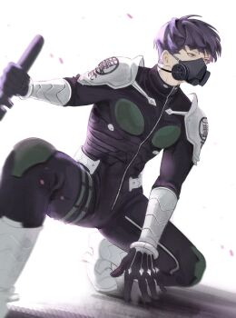 Rule 34 | 1boy, bodysuit, boots, brown hair, commentary request, floating hair, full body, gas mask, highres, holding, holding weapon, hoshina soshiro, kaijuu no. 8, korean commentary, male focus, mask, purple eyes, purple hair, sagu (9133t), short hair, simple background, skin tight, solo, weapon, white background, white boots, zipper