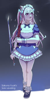 1girl @_@ absurdres anchor_hat_ornament anchor_print anchor_symbol animal_ears blue_bow blue_bowtie blue_dress blue_shoes bow bowtie breasts cat_ears cat_girl character_name commentary cosplay dress english_commentary flying_sweatdrops frilled_dress frills hair_bow hat_ornament highres holding holding_knife holding_sword holding_weapon hololive indie_virtual_youtuber knife kramer-sensei long_hair looking_up maid maid_headdress minato_aqua minato_aqua_(1st_costume) minato_aqua_(cosplay) open_mouth pink_eyes pink_hair shoes short_sleeves solo solo_leveling standing sword thighs two_side_up virtual_youtuber weapon white_bow white_wrist_cuffs wrist_cuffs yuuki_sakuna
