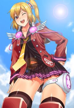 1girl ;d ass bad_id bad_twitter_id black_serafuku black_skirt black_thighhighs blonde_hair blush collarbone cowboy_shot emilia_percival female_focus from_below gluteal_fold hair_ornament hand_on_own_hip jacket lens_flare long_sleeves looking_at_viewer midriff_peek miniskirt necktie nose_blush one_eye_closed open_clothes open_jacket open_mouth panties pantyshot phantasy_star phantasy_star_portable_2 pleated_skirt red_eyes red_jacket school_uniform serafuku side_ponytail skirt smile solo standing striped_clothes striped_panties sunlight syunzou thighhighs underwear yellow_necktie