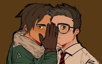 2boys arm_up black-framed_eyewear brown_background brown_eyes brown_gloves brown_hair chinese_commentary closed_mouth collared_shirt commentary_request cud207 curtained_hair dark-skinned_male dark_skin dead_by_daylight diagonal-striped_clothes diagonal-striped_necktie dwight_fairfield frown glasses gloves green_jacket highres jacket jake_park long_sleeves looking_at_viewer male_focus multiple_boys necktie shirt sideburns simple_background striped_clothes whispering white_shirt wing_collar