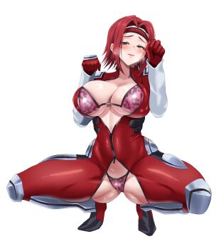 1girl absurdres animal_print blue_eyes blush bodysuit bra breasts cleavage code_geass commission eomo_(pyum3252) headband highres huge_breasts kouzuki_kallen leopard_print looking_at_viewer medium_hair panties parted_bangs partially_unzipped paw_pose pilot_suit red_bodysuit red_hair red_headband simple_background skin_tight solo spread_legs squatting thighs underboob underwear white_background zipper