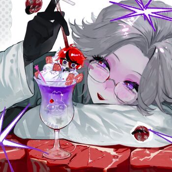 2boys aotsuki_eito black_gloves black_hair blood blood_from_forehead blood_on_face blue_eyes blush chibi cup curtained_hair drawstring drinking_glass drinking_straw dzw413600 empty_eyes eyelashes food glasses gloves grey_hair hashtag-only_commentary highres holding holding_drinking_straw impaled in_food jacket last_defense_academy_school_uniform long_sleeves male_focus mini_person miniboy multicolored_hair multiple_boys open_mouth parted_bangs purple_eyes red_hair red_pupils school_uniform short_hair single_bare_shoulder smile streaked_hair sumino_takumi the_hundred_line_-last_defense_academy- two-tone_hair whipped_cream white_jacket wide-eyed yaoi