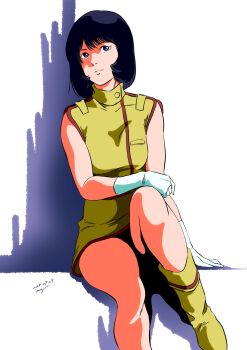 1girl aeug belt black_hair blue_eyes boots breasts closed_mouth dress fa_yuiry gloves gundam highres military_uniform pgmajimaji short_hair sitting sleeveless solo white_gloves zeta_gundam