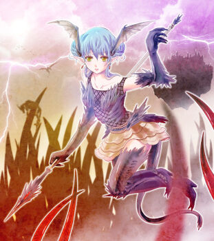 1girl 2000s_(style) arikui1226 blue_hair brown_skirt claws commentary_request double_bun dragon dragon_girl dragon_tail dragon_wings earrings fishnet_top fishnets floating_island full_body hair_bun head_wings holding holding_polearm holding_weapon jewelry lightning_bolt_symbol looking_at_viewer original parted_lips pointy_ears polearm purple_sky short_hair skirt sky solo spear tail weapon wings yellow_eyes