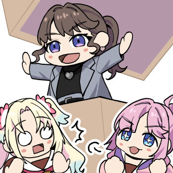 Rule 34 | + +, 3girls, :3, :d, anyoji hime, black sweater, blonde hair, blue eyes, blue hair, blush stickers, box, brown hair, chibi, chibi only, commentary request, dress, earrings, fang, flower, fujishima megumi, fujishima megumi (post-graduation), goldluck, gradient hair, grey jacket, hair flower, hair intakes, hair ornament, hasu no sora school uniform, heart, heart earrings, heart necklace, highres, hood, hooded jacket, in box, in container, jacket, jewelry, link! like! love live!, long hair, long sleeves, love live!, mira-cra park!, multicolored hair, multiple girls, neckerchief, necklace, o o, open clothes, open jacket, open mouth, osawa rurino, outstretched arms, parted bangs, pink flower, pink jacket, ponytail, purple eyes, rectangular mouth, red neckerchief, sailor collar, sailor dress, school uniform, sidelocks, simple background, smile, spread arms, suit jacket, sweater, twintails, virtual youtuber, white background, white sailor collar, winter uniform