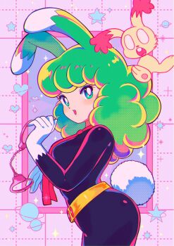 1girl animal animal_ears ass belt ben-day_dots black_(buratto_bunny) black_bodysuit blank_eyes blue_eyes bodysuit breasts bunny_(buratto_bunny) buratto_bunny chromatic_aberration commentary cowboy_shot cuffs fluffy_hair from_side green_hair hand_up handcuffs heart highres holding holding_handcuffs long_hair looking_at_viewer looking_to_the_side medium_breasts necktie nka_46 open_mouth planet rabbit rabbit_ears rabbit_girl rabbit_tail red_necktie screentones smile standing star_(symbol) tail teeth upper_teeth_only yellow_belt