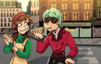 1boy 1girl absurdres brown_eyes brown_hair city conrad_de_la_croix eudoxia_napoli glasses green_hair green_sweater highres hot_dog jacket long_hair long_sleeves original overall_skirt red_jacket sangius sangius_petrified sweater