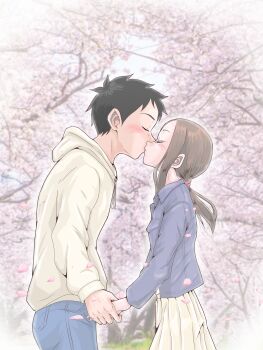 1boy 1girl absurdres blush cherry_blossoms commentary_request couple day hand_grab hatomugi_(user_datj4345) hetero highres husband_and_wife karakai_jouzu_no_(moto)_takagi-san karakai_jouzu_no_takagi-san kiss nishikata outdoors revision spring_(season) takagi-san